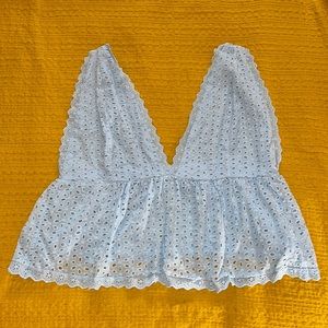 Plus Light Blue Eyelet Deep V Open Back Top - SheIn